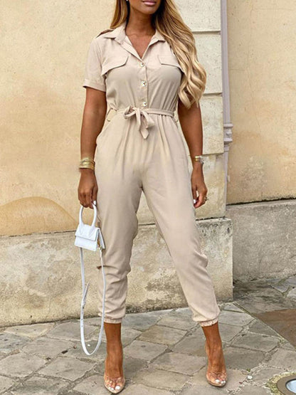 Jumpsuit- Casual Jumpsuit for Women | Shirt Pantsuit with Short Sleeves- Khaki- IndioGear Fashion and Gear