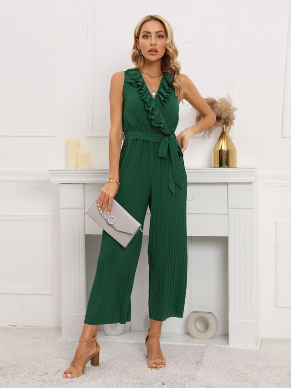 Jumpsuit- Dare to Be Bold with Our Ruffled V-Neck Jumpsuit- Green- IndioGear Fashion and Gear