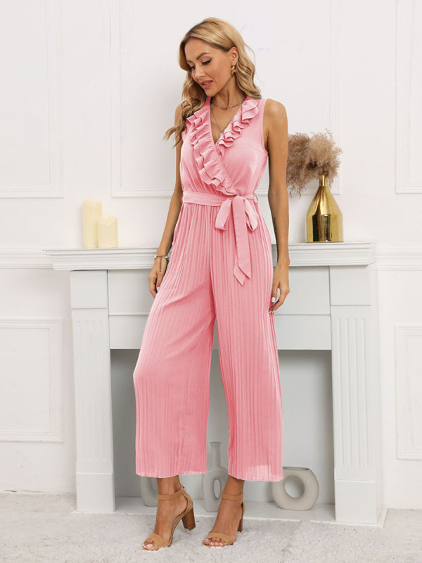 Jumpsuit- Dare to Be Bold with Our Ruffled V-Neck Jumpsuit- Pink- IndioGear Fashion and Gear