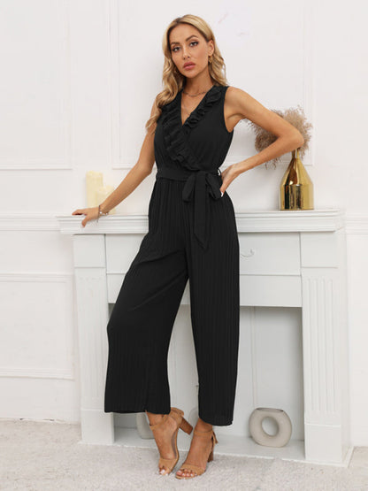 Jumpsuit- Dare to Be Bold with Our Ruffled V-Neck Jumpsuit- Black- IndioGear Fashion and Gear