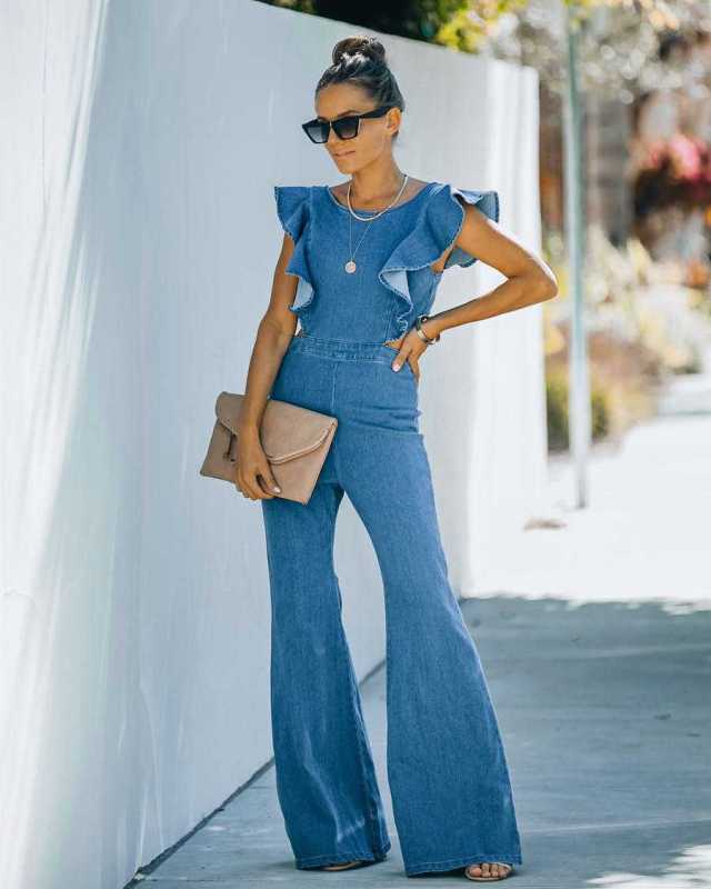 Jumpsuit- Denim Fitted Jumpsuit - Butterfly Sleeve Cotton Jean Pantsuit- - IndioGear Fashion and Gear