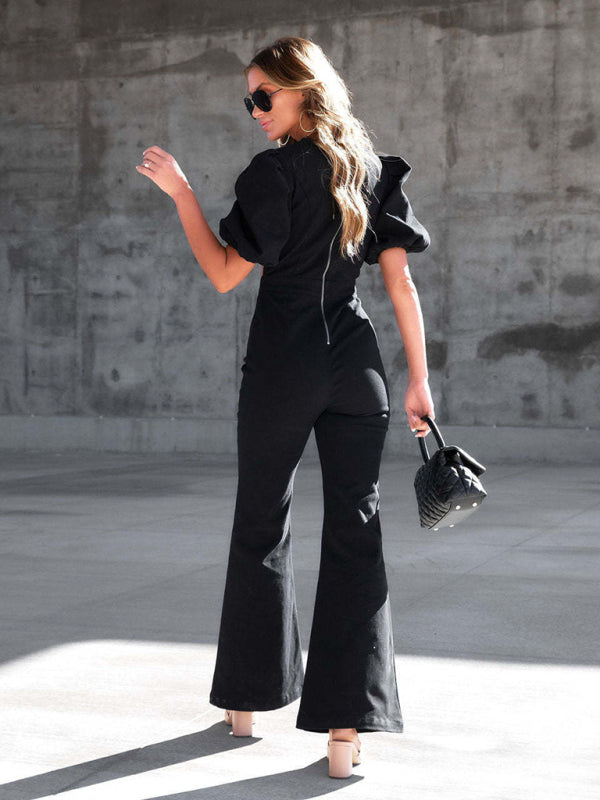 Jumpsuit- Denim Slim Puff Sleeve Twist Waist Jumpsuit - Pantsuits- - IndioGear Fashion and Gear