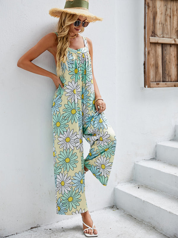 Jumpsuit- Floral Square Neck Jumpsuit - The Perfect Summer Outfit- Green- IndioGear Fashion and Gear