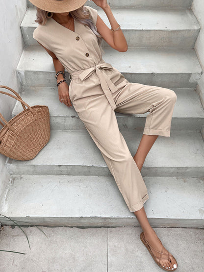 Jumpsuit- Lounge in Style: Belted Buttoned Women's Jumpsuit- - IndioGear Fashion and Gear