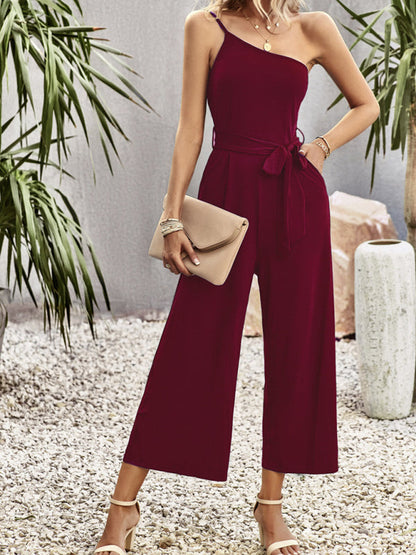 Jumpsuit- One-Shoulder Women's Jumpsuit with pockets- Wine Red- IndioGear Fashion and Gear