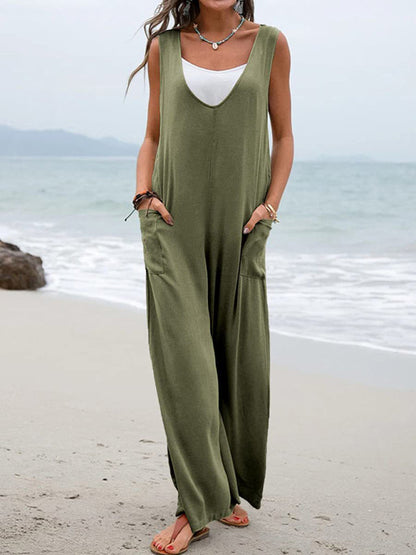 Jumpsuit- Relaxed Fit Cotton Pantsuits - Women's Casual Jumpsuit Overalls - Quality Cotton-Polyester Blend- Green- IndioGear Fashion and Gear