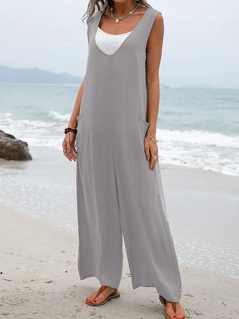 Jumpsuit- Relaxed Fit Cotton Pantsuits - Women's Casual Jumpsuit Overalls - Quality Cotton-Polyester Blend- Clear Grey- IndioGear Fashion and Gear