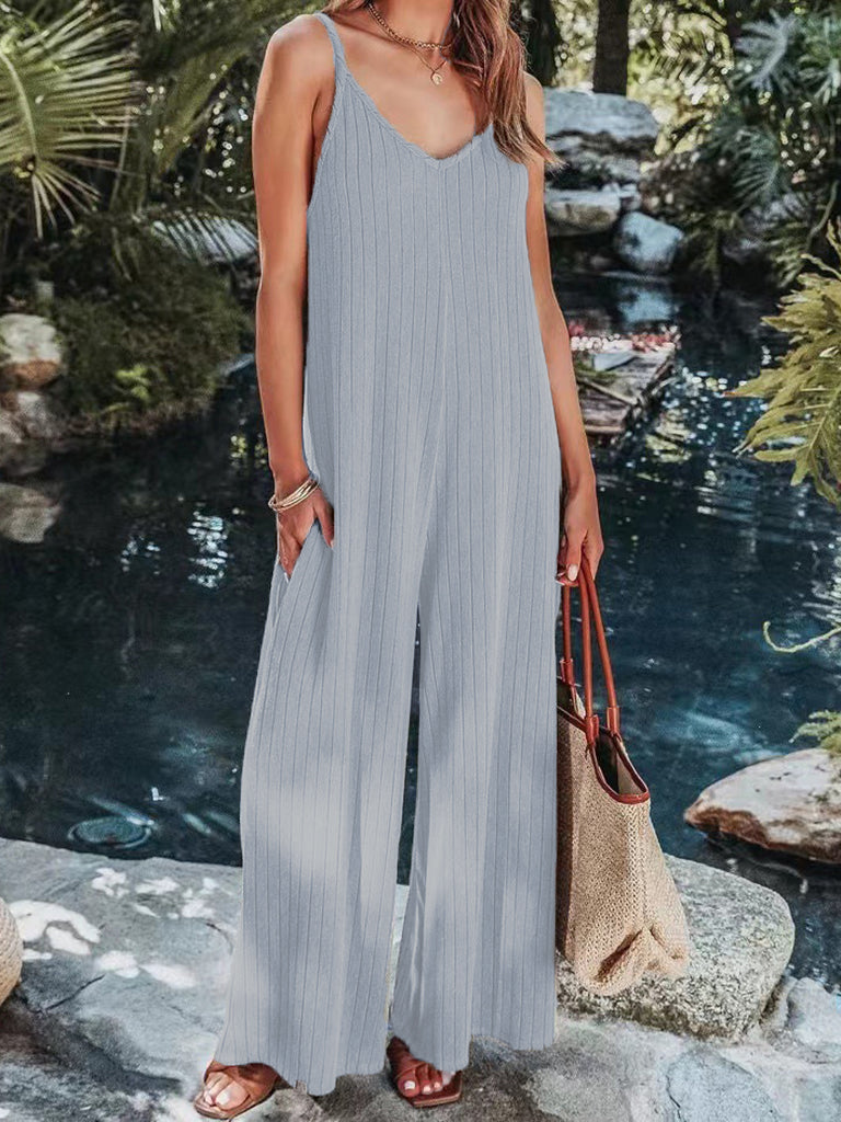 Jumpsuit- Ribbed Wide-Leg Jumpsuit - Cami Pantsuits- Grey- IndioGear Fashion and Gear