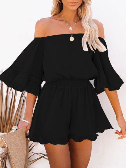 Jumpsuit- Solid Chiffon Off Shoulder Romper - Short Jumpsuit- Black- IndioGear Fashion and Gear