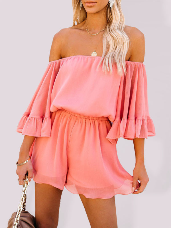 Jumpsuit- Solid Chiffon Off Shoulder Romper - Short Jumpsuit- Orange Red- IndioGear Fashion and Gear