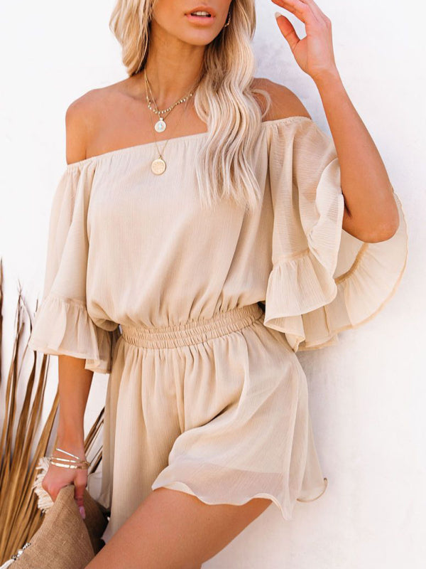 Jumpsuit- Solid Chiffon Off Shoulder Romper - Short Jumpsuit- khaki Beige- IndioGear Fashion and Gear