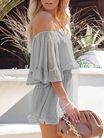 Jumpsuit- Solid Chiffon Off Shoulder Romper - Short Jumpsuit- - IndioGear Fashion and Gear