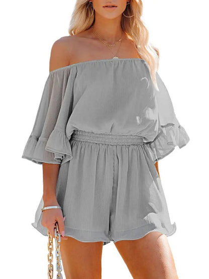 Jumpsuit- Solid Chiffon Off Shoulder Romper - Short Jumpsuit- - IndioGear Fashion and Gear