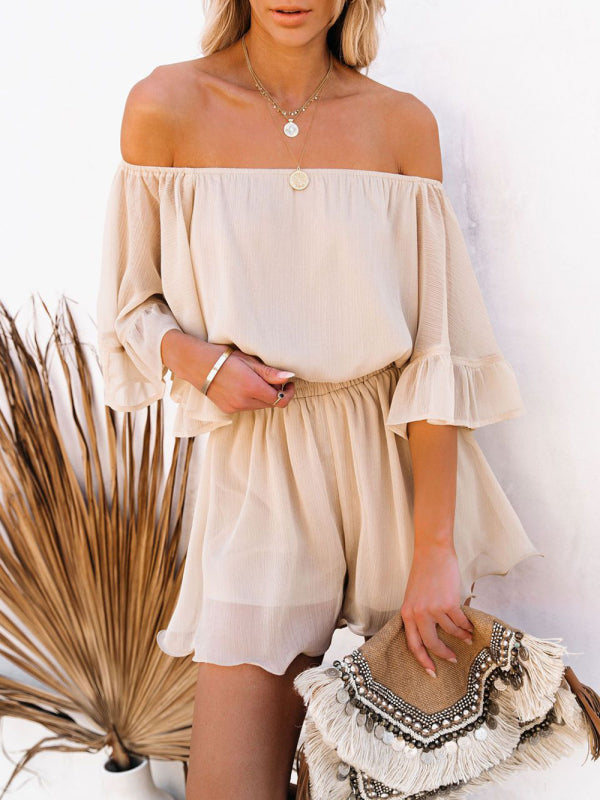 Jumpsuit- Solid Chiffon Off Shoulder Romper - Short Jumpsuit- - IndioGear Fashion and Gear