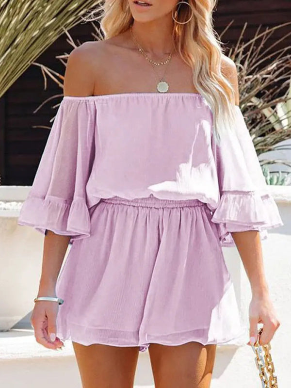 Jumpsuit- Solid Chiffon Off Shoulder Romper - Short Jumpsuit- Purple- IndioGear Fashion and Gear