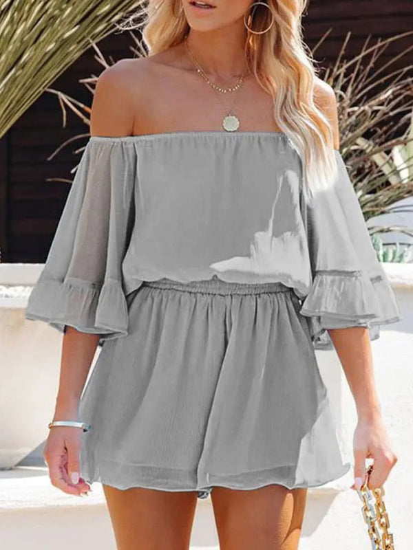 Jumpsuit- Solid Chiffon Off Shoulder Romper - Short Jumpsuit- - IndioGear Fashion and Gear