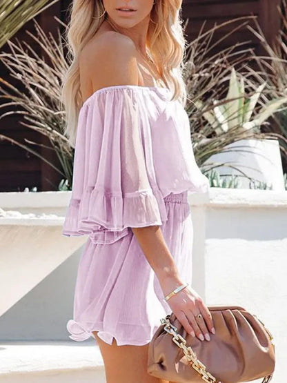 Jumpsuit- Solid Chiffon Off Shoulder Romper - Short Jumpsuit- - IndioGear Fashion and Gear