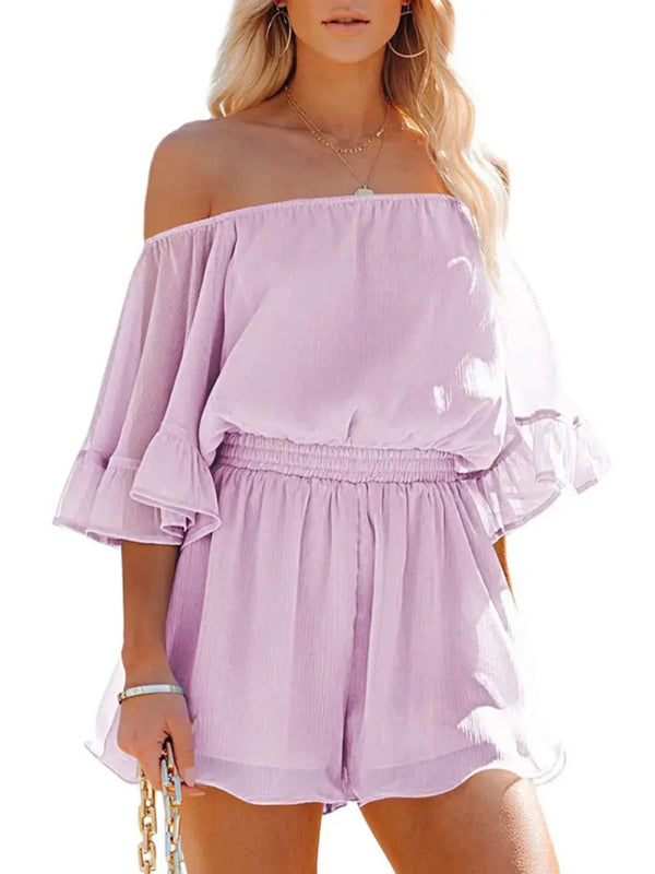 Jumpsuit- Solid Chiffon Off Shoulder Romper - Short Jumpsuit- - IndioGear Fashion and Gear