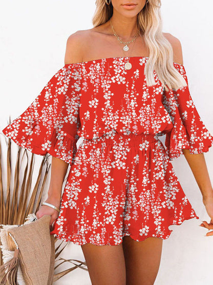 Jumpsuit- Solid Chiffon Off Shoulder Romper - Short Jumpsuit- Red- IndioGear Fashion and Gear