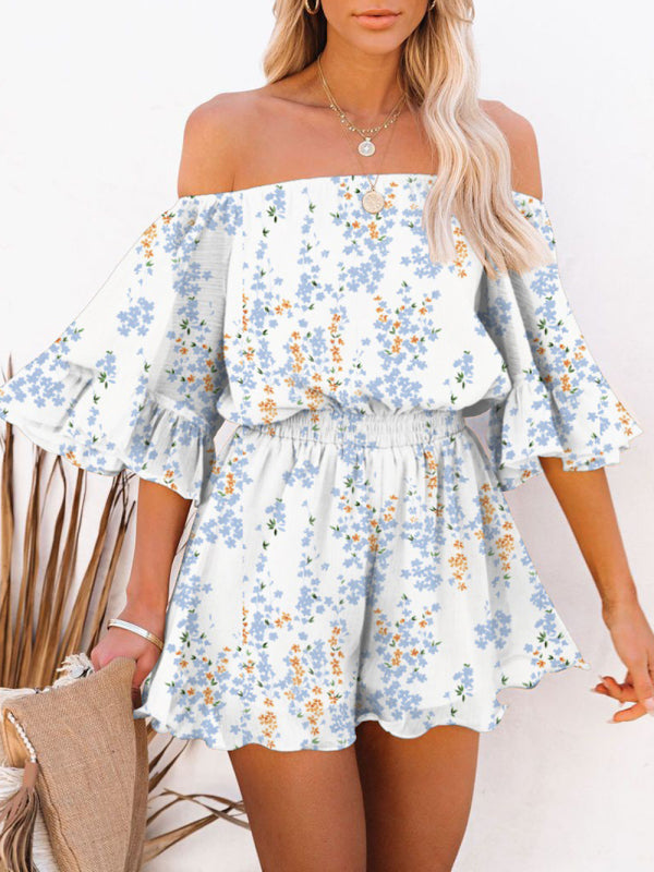 Jumpsuit- Solid Chiffon Off Shoulder Romper - Short Jumpsuit- Blue- IndioGear Fashion and Gear