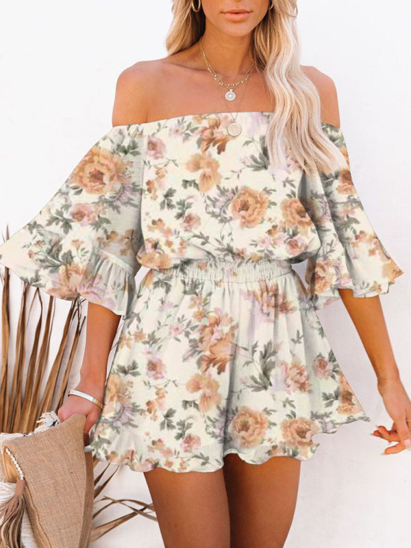 Jumpsuit- Solid Chiffon Off Shoulder Romper - Short Jumpsuit- Cream- IndioGear Fashion and Gear