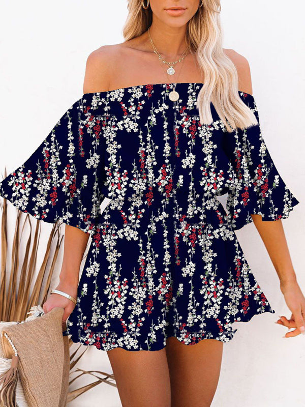 Jumpsuit- Solid Chiffon Off Shoulder Romper - Short Jumpsuit- Navy Blue- IndioGear Fashion and Gear