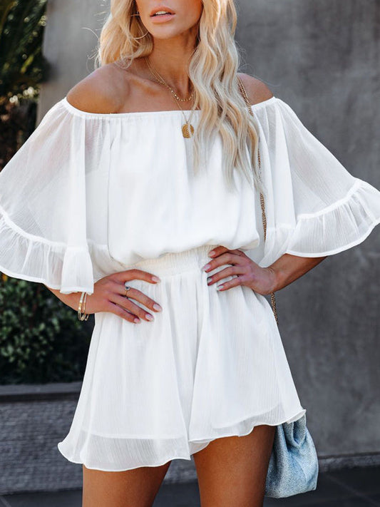 Jumpsuit- Solid Chiffon Off Shoulder Romper - Short Jumpsuit- White- IndioGear Fashion and Gear