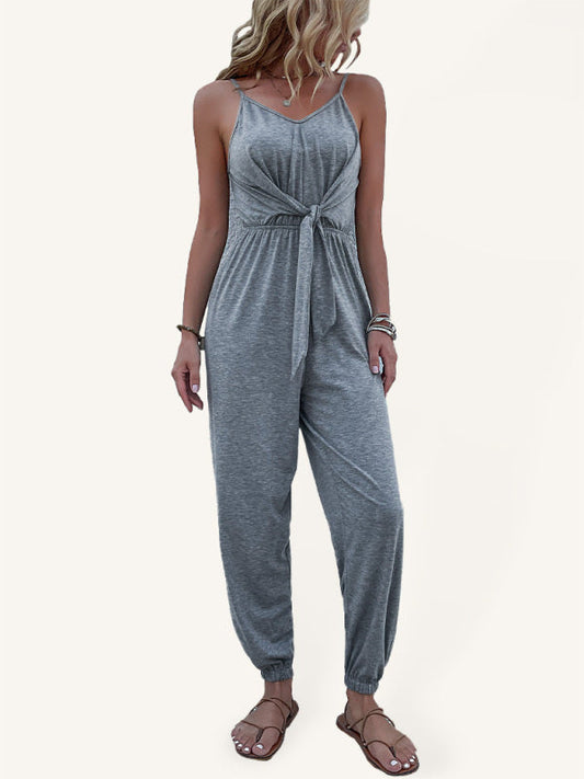 Jumpsuit- Solid Comfy Cami Jumpsuit - Knot Front Pantsuit- Charcoal grey- IndioGear Fashion and Gear