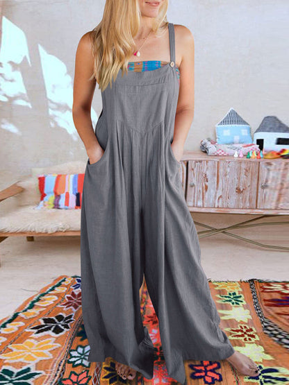 Jumpsuit- Solid Cotton Linen Wide-Leg Pantsuits - Jumpsuit Bib Overalls- Grey- IndioGear Fashion and Gear