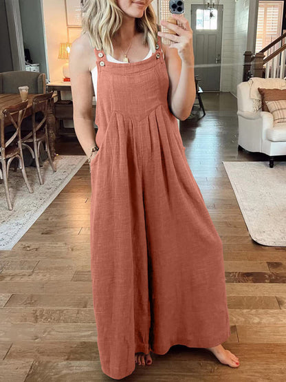 Jumpsuit- Solid Cotton Linen Wide-Leg Pantsuits - Jumpsuit Bib Overalls- Dark red- IndioGear Fashion and Gear