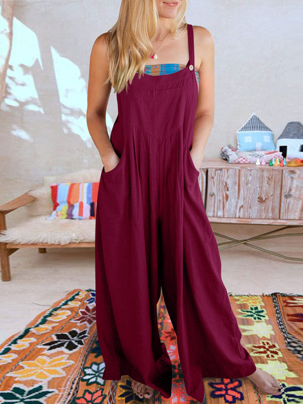 Jumpsuit- Solid Cotton Linen Wide-Leg Pantsuits - Jumpsuit Bib Overalls- Dark Red- IndioGear Fashion and Gear