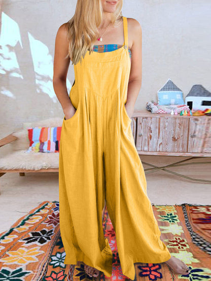 Jumpsuit- Solid Cotton Linen Wide-Leg Pantsuits - Jumpsuit Bib Overalls- Ginger yellow- IndioGear Fashion and Gear