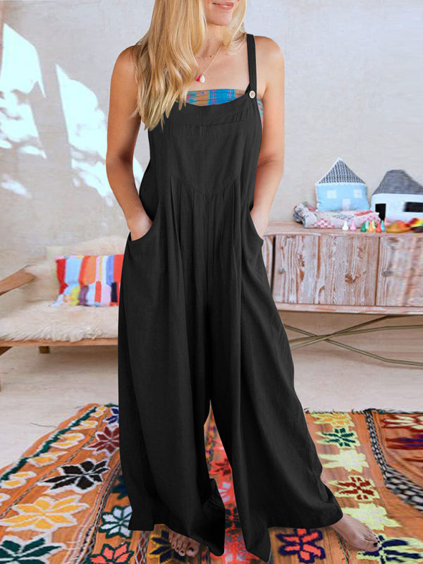 Jumpsuit- Solid Cotton Linen Wide-Leg Pantsuits - Jumpsuit Bib Overalls- Black- IndioGear Fashion and Gear