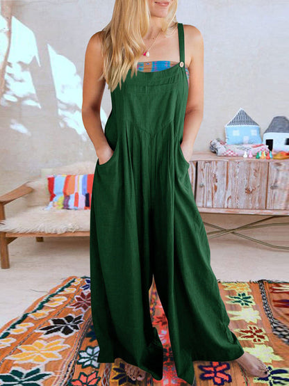 Jumpsuit- Solid Cotton Linen Wide-Leg Pantsuits - Jumpsuit Bib Overalls- Deep green- IndioGear Fashion and Gear