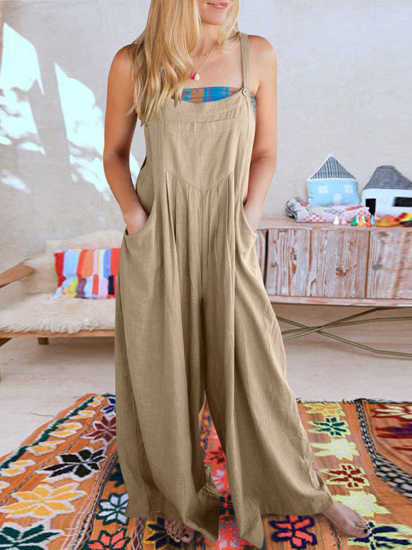 Jumpsuit- Solid Cotton Linen Wide-Leg Pantsuits - Jumpsuit Bib Overalls- Brown- IndioGear Fashion and Gear