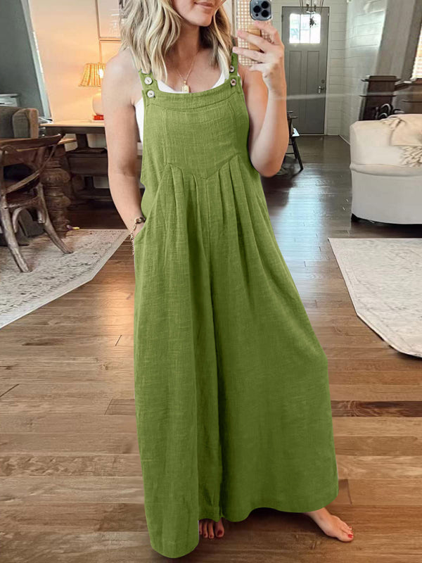 Jumpsuit- Solid Cotton Linen Wide-Leg Pantsuits - Jumpsuit Bib Overalls- Grass green- IndioGear Fashion and Gear