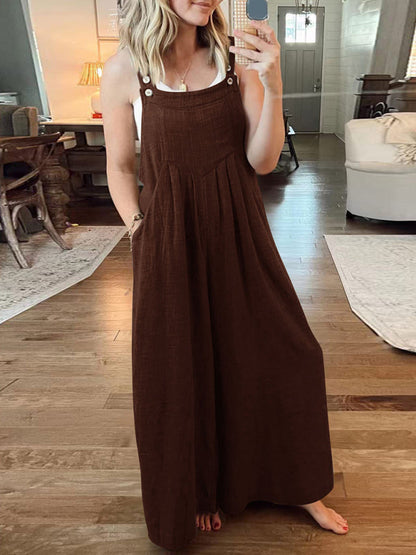 Jumpsuit- Solid Cotton Linen Wide-Leg Pantsuits - Jumpsuit Bib Overalls- Dark Brown- IndioGear Fashion and Gear