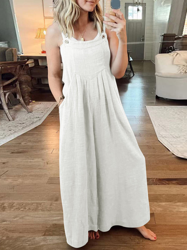 Jumpsuit- Solid Cotton Linen Wide-Leg Pantsuits - Jumpsuit Bib Overalls- White- IndioGear Fashion and Gear