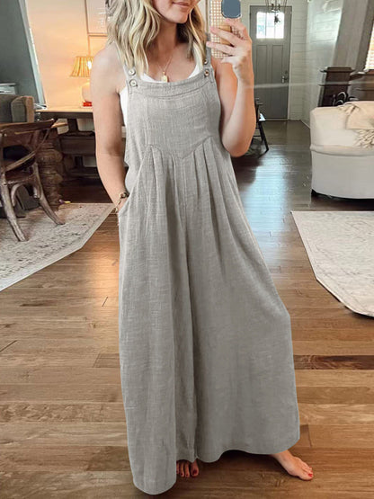 Jumpsuit- Solid Cotton Linen Wide-Leg Pantsuits - Jumpsuit Bib Overalls- Misty grey- IndioGear Fashion and Gear