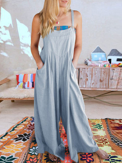 Jumpsuit- Solid Cotton Linen Wide-Leg Pantsuits - Jumpsuit Bib Overalls- - IndioGear Fashion and Gear