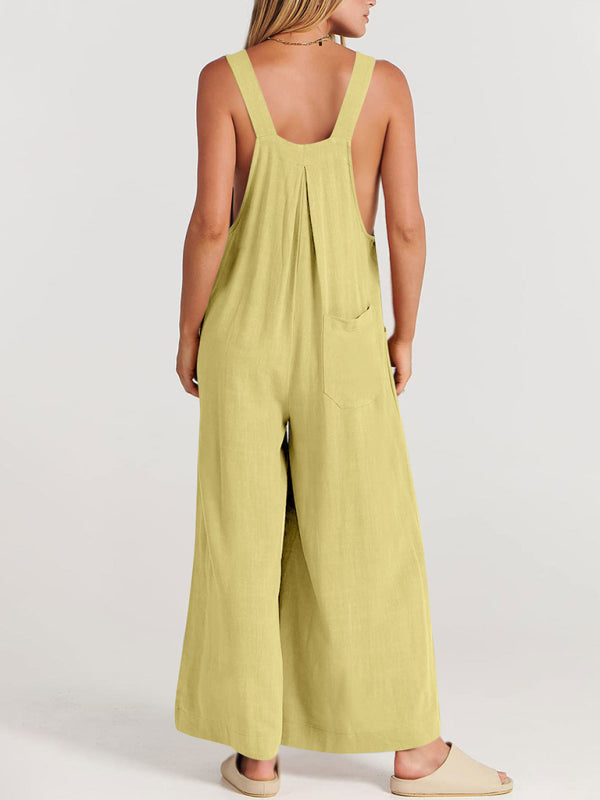 Jumpsuit- Solid Cotton Linen Wide-Leg Pantsuits - Jumpsuit Bib Overalls- - IndioGear Fashion and Gear