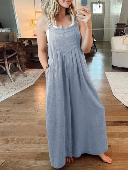 Jumpsuit- Solid Cotton Linen Wide-Leg Pantsuits - Jumpsuit Bib Overalls- Blue grey- IndioGear Fashion and Gear