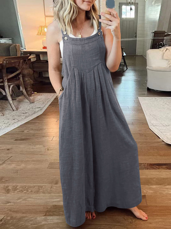 Jumpsuit- Solid Cotton Linen Wide-Leg Pantsuits - Jumpsuit Bib Overalls- - IndioGear Fashion and Gear