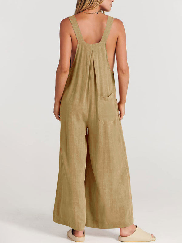 Jumpsuit- Solid Cotton Linen Wide-Leg Pantsuits - Jumpsuit Bib Overalls- - IndioGear Fashion and Gear