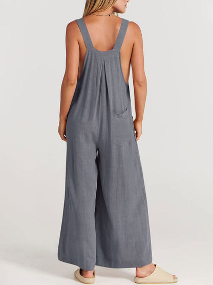 Jumpsuit- Solid Cotton Linen Wide-Leg Pantsuits - Jumpsuit Bib Overalls- - IndioGear Fashion and Gear