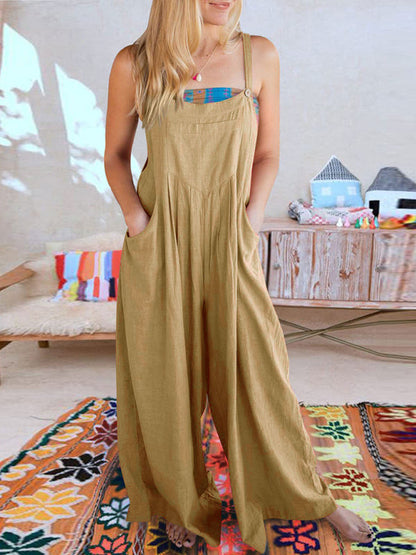 Jumpsuit- Solid Cotton Linen Wide-Leg Pantsuits - Jumpsuit Bib Overalls- - IndioGear Fashion and Gear