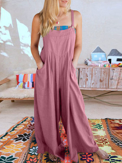 Jumpsuit- Solid Cotton Linen Wide-Leg Pantsuits - Jumpsuit Bib Overalls- Pinkpurple- IndioGear Fashion and Gear