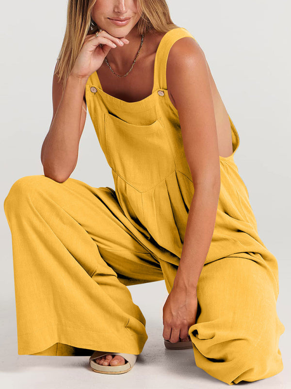 Jumpsuit- Solid Cotton Linen Wide-Leg Pantsuits - Jumpsuit Bib Overalls- - IndioGear Fashion and Gear