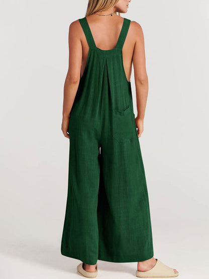 Jumpsuit- Solid Cotton Linen Wide-Leg Pantsuits - Jumpsuit Bib Overalls- - IndioGear Fashion and Gear