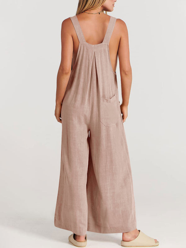 Jumpsuit- Solid Cotton Linen Wide-Leg Pantsuits - Jumpsuit Bib Overalls- - IndioGear Fashion and Gear